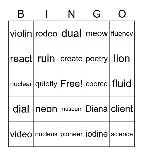 V/V Bingo Card