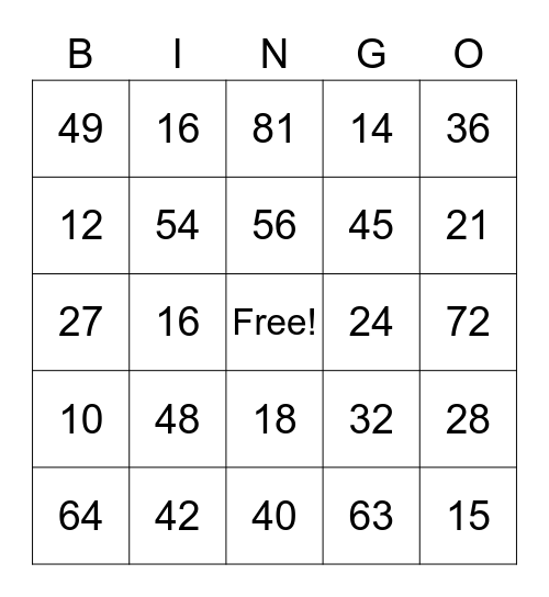 Multiplication Bingo! Bingo Card