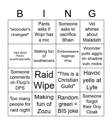 <Repair Factory> Raid Night Bingo Card