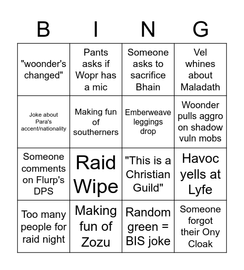 <Repair Factory> Raid Night Bingo Card