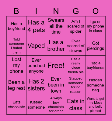 All about me Bingo Card