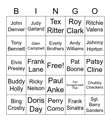 1950s /1960s Grandma Songs Bingo Card