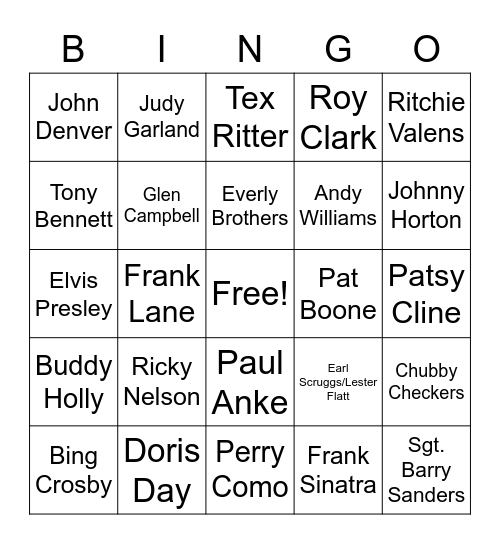 1950s /1960s Grandma Songs Bingo Card