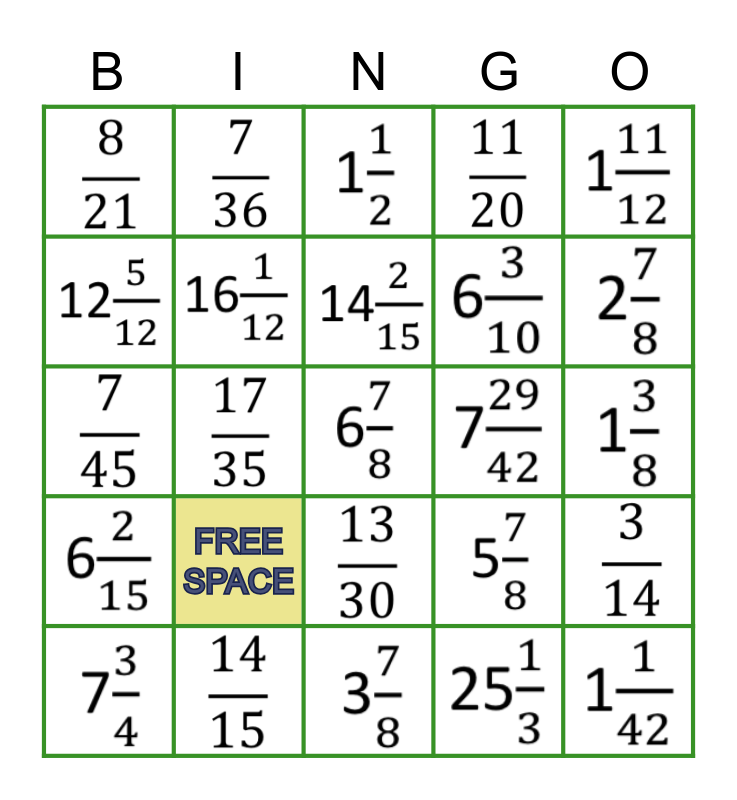 Adding And Subtracting Fractions Bingo Card