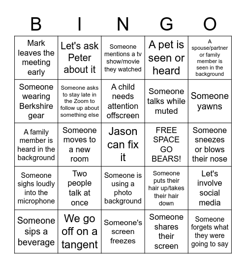 Berkshire Admission Zoom BINGO Card