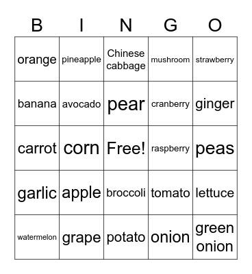 C7 - Fruits and Vegetables (English) Bingo Card