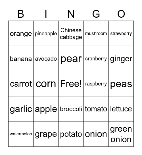 C7 - Fruits and Vegetables (English) Bingo Card
