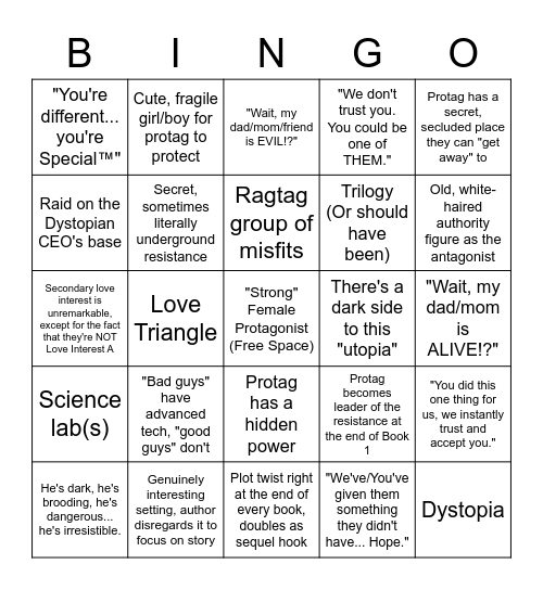 YA Novel Bingo Card