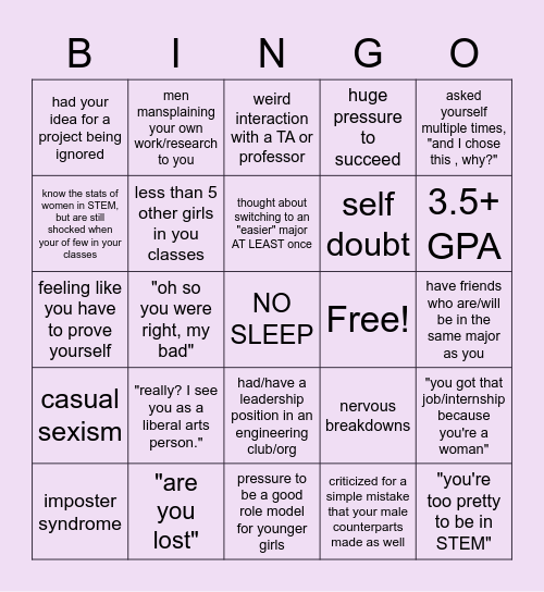 Women in STEM Struggles Bingo Card