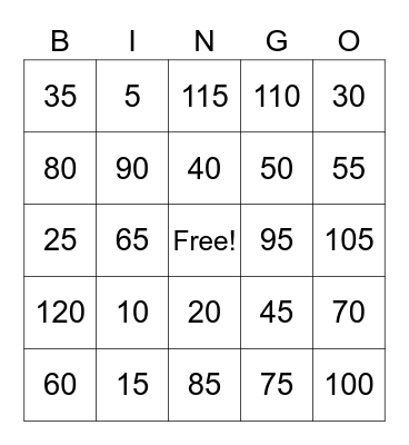 5 times table Bingo Card