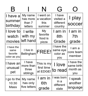 Welcome to EDGE Bingo! Bingo Card