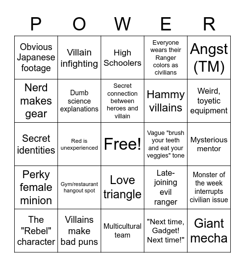 Power Rangers Trope Bingo Card