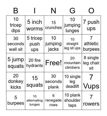 Zoom Fitness Bingo Card