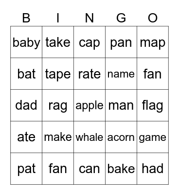 Long A and Short A Bingo Card