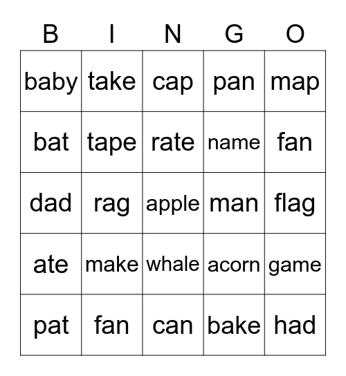 Long A and Short A Bingo Card