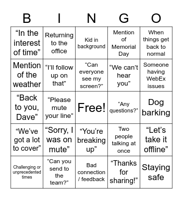 Sales and RM Meeting Bingo Card