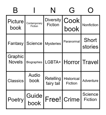 Book Genres Bingo Card