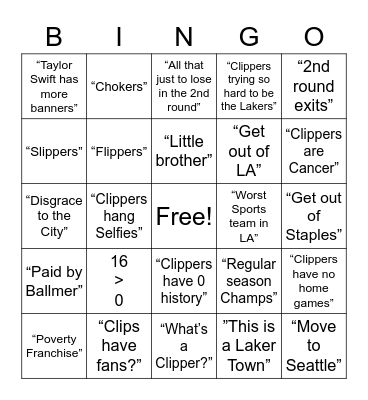 LAL Fans Recycled Insults Bingo Card