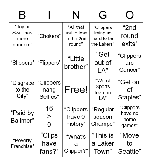 LAL Fans Recycled Insults Bingo Card