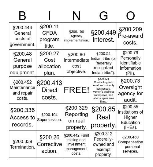 2 CFR 200 2nd Set Bingo Card