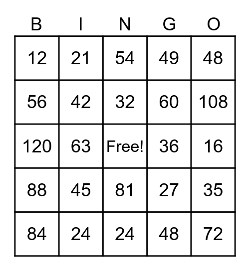 Multiplication Fact Practice Bingo Card