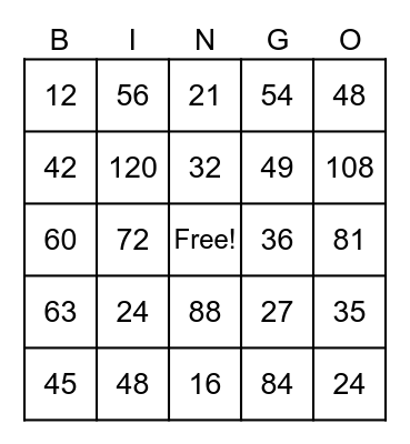 Multiplication Fact Practice Bingo Card