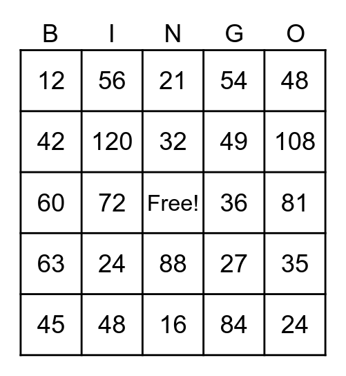 Multiplication Fact Practice Bingo Card