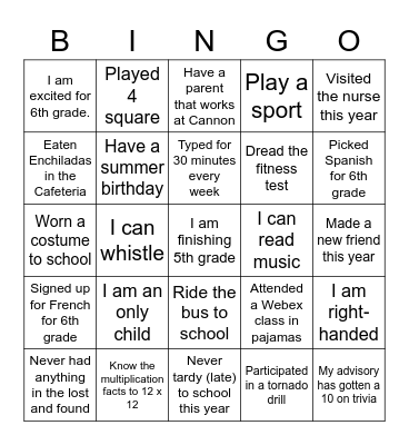5th Grade Bingo 1 Bingo Card