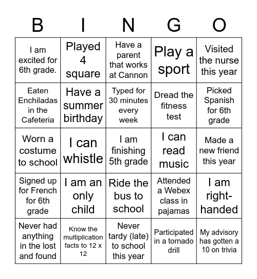 5th Grade Bingo 1 Bingo Card