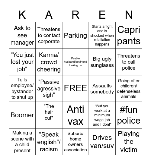 K A R E N Bingo Card