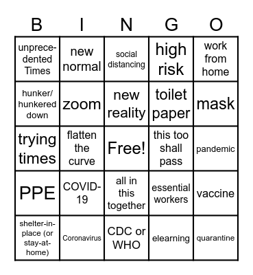 Pandemic Bingo Card