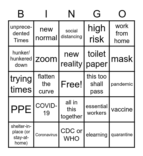 Pandemic Bingo Card