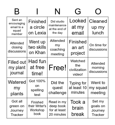 Slope School Bingo Card