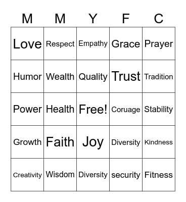 Values Bingo Card