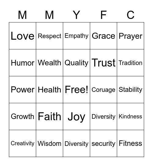 Values Bingo Card