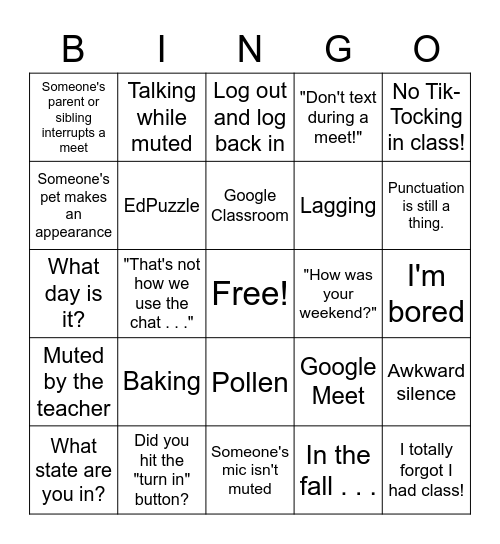 homeroom bingo Card