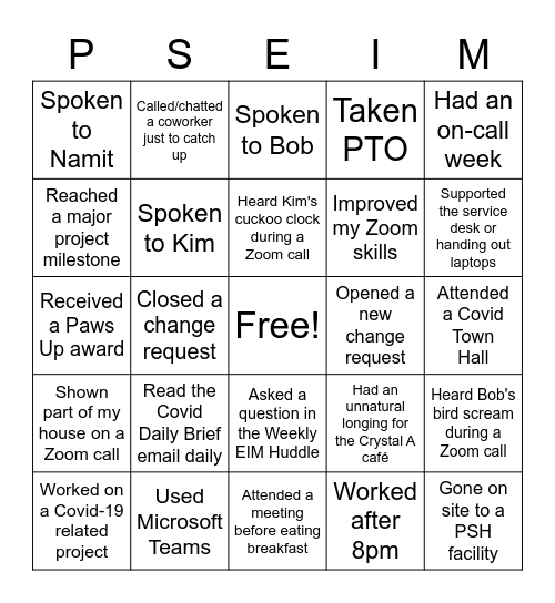 EIM Bingo - Since Covid WFH, I have... Bingo Card