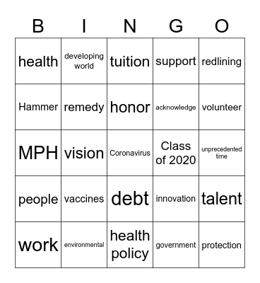 Graduation Bingo Card