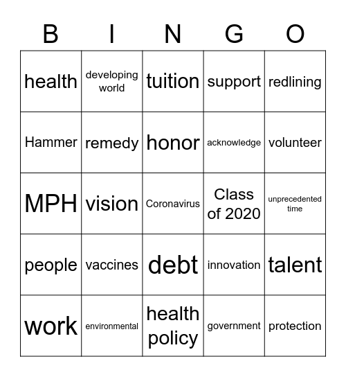 Graduation Bingo Card