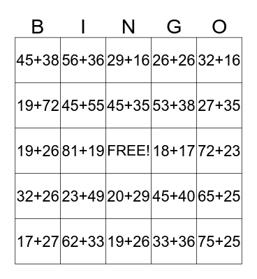Mental Math Bingo Card