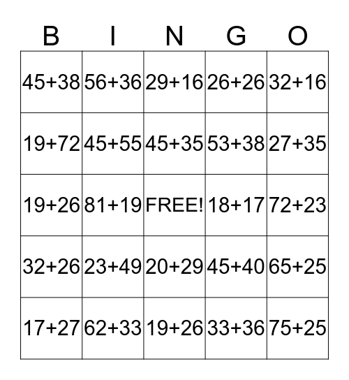 Mental Math Bingo Card