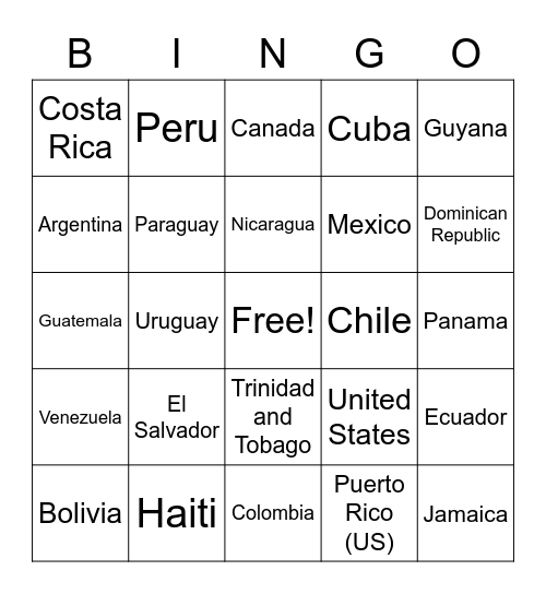 Countries of the Americas Bingo Card