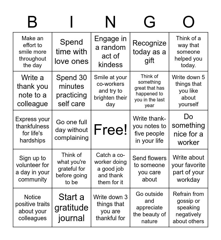 Gratitude Bingo Card