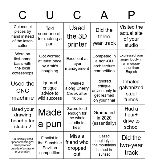 CU Denver 2020 Bingo Card