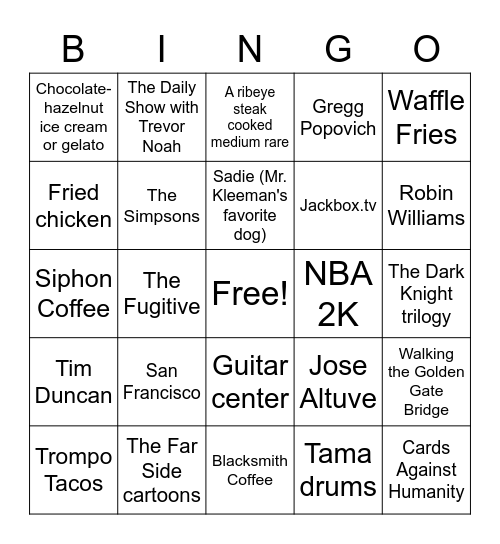 Mr. Kleeman's Favorite Things Bingo Card