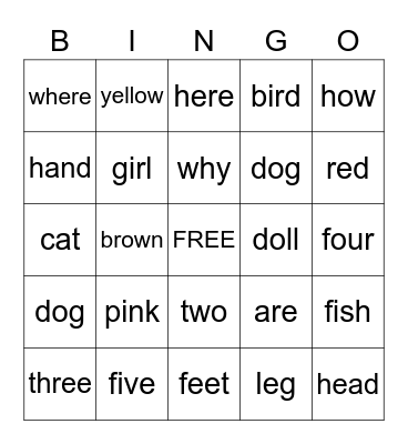 Sight Words Bingo Card