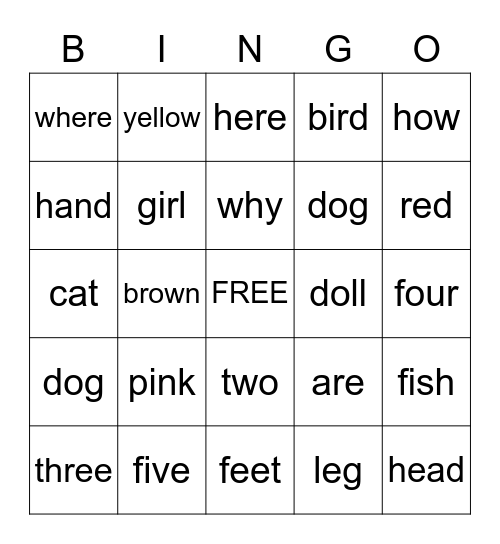 Sight Words Bingo Card