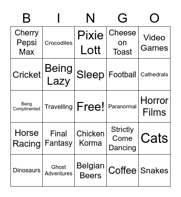 Ian's Likes. Bingo Card