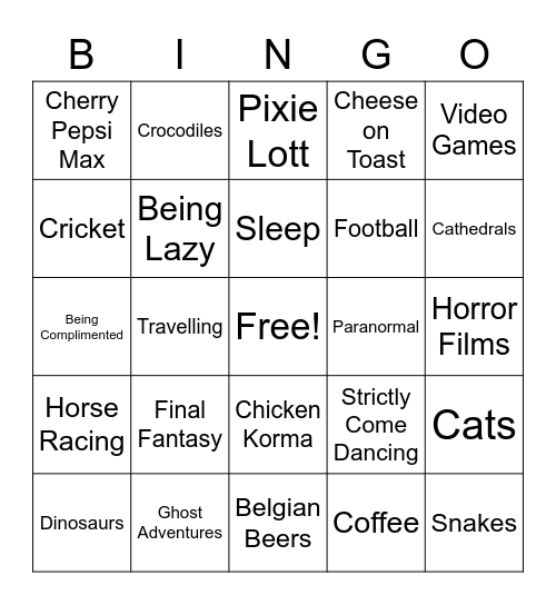 Ian's Likes. Bingo Card