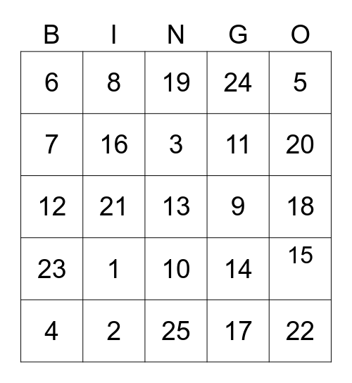 test Bingo Card